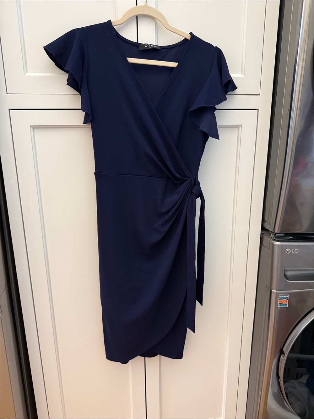 OTEN Navy Wrap-Style Midi Dress with Flutter Sleeves